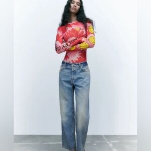 Zara x SMILEY Originals Red Yellow Smiley Face Mesh Tie Dye Top Bodysuit L